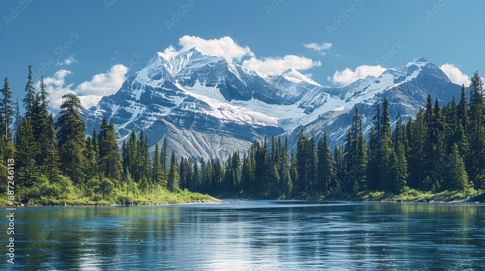 Snowy Mountain Peak Background: Breathtaking snow-covered peak under a clear blue sky, surrounded by dense pine forests and a sparkling river, a scene of serene grandeur.
Snowy Mountain Peak Background: Breathtaking snow-covered peak under a clear blue sky, surrounded by dense pine forests and a sparkling river, a scene of serene grandeur.