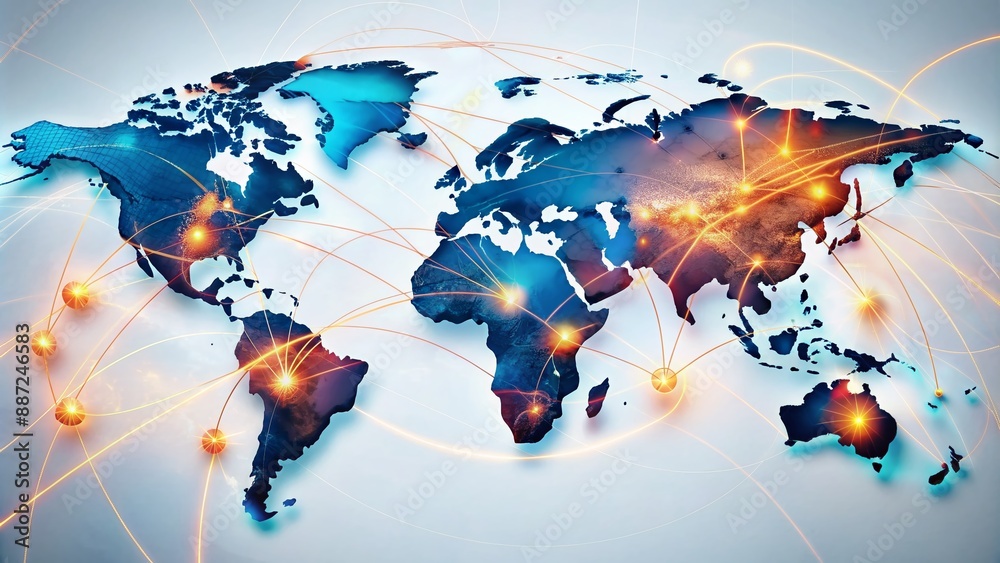Digital Trade Routes Map Vibrant digital world map illuminated with pulsing trade routes and ...