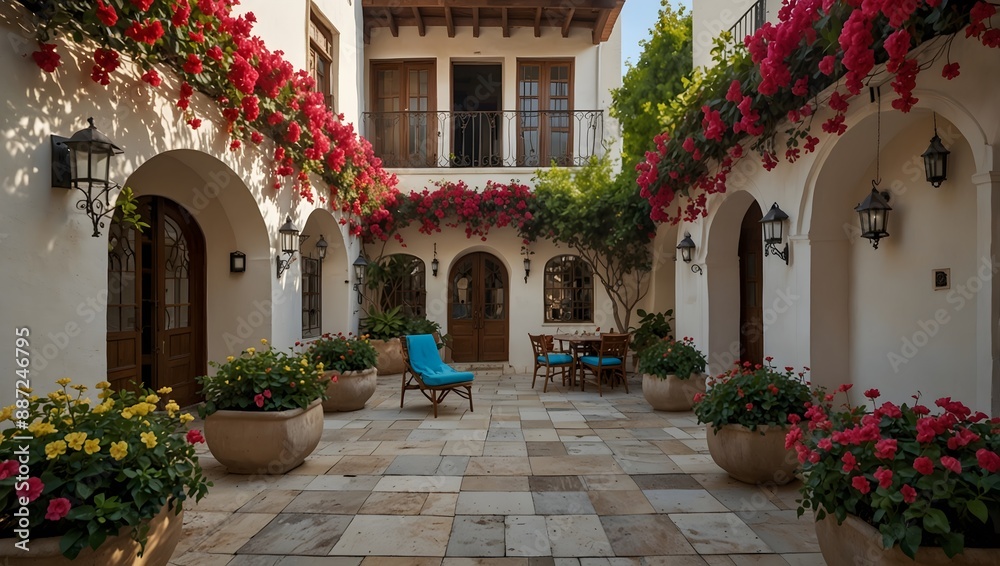 Fototapeta premium A peaceful courtyard adorned with cascades of vibrant bougainvillea ai_generated
