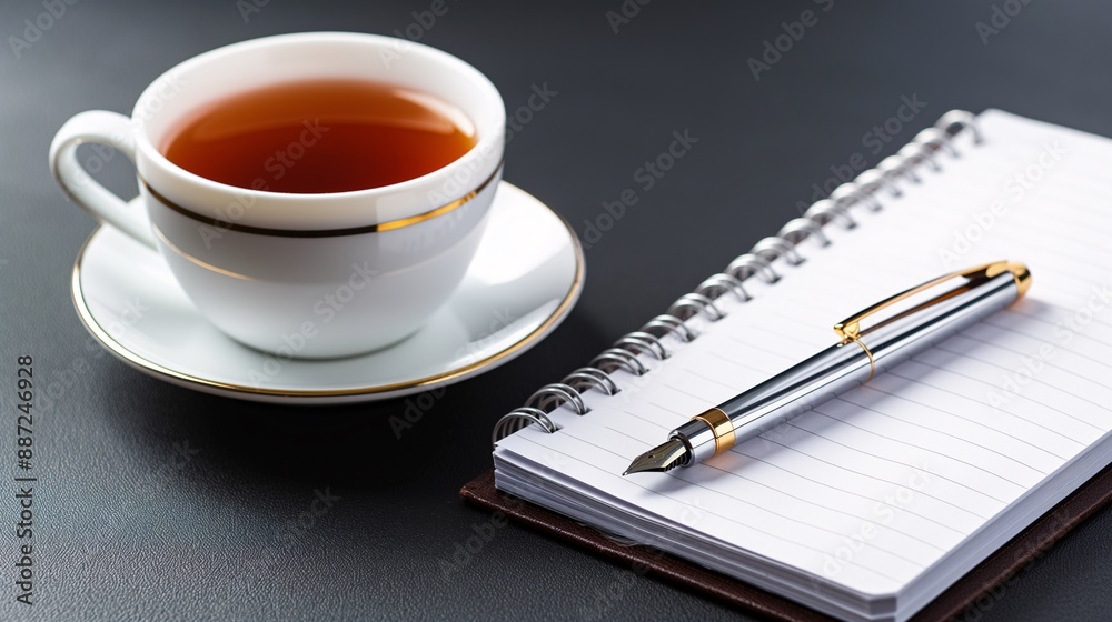 A journal and pen next to a cup of tea, encouraging reflective writing.