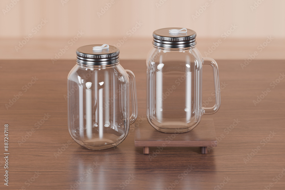 Rendering of two transparent glass mug jar with metallic lid and white straw hole placed on wooden tray background for product label mockup presentation Rendering of two transparent glass mug jar with metallic lid and white straw hole placed on wooden tray background for product label mockup presentation