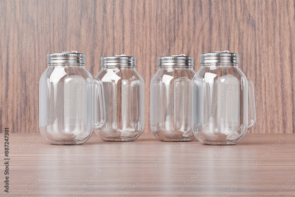 Rendering of multiple transparent glass mug jar with metallic lid and white straw hole placed on wooden background for product label mockup presentation Rendering of multiple transparent glass mug jar with metallic lid and white straw hole placed on wooden background for product label mockup presentation