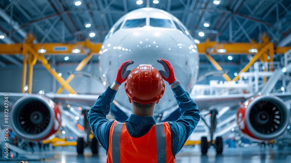 Aircraft maintenance technician inspecting an airplane in a hangar, ensuring safety and precision. Aircraft maintenance technician inspecting an airplane in a hangar, ensuring safety and precision.