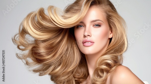 Full blowout with maximum volume, styled with loose, cascading curls for a glamorous.