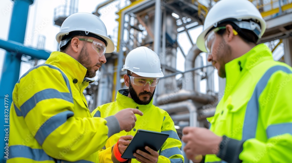 Three engineers in safety gear consult a tablet. Three engineers in safety gear consult a tablet.