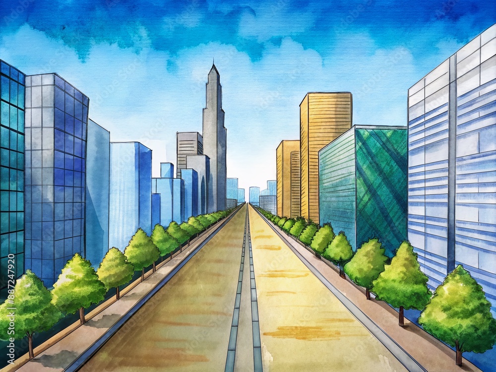 Fototapeta premium Urban landscape featuring a long, sleek sidewalk along a road lined with tall skyscrapers and modern architecture under a bright blue sunny sky.