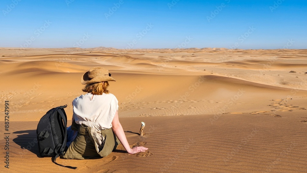 Lone woman traveling in a desert with sand dunes and a clear blue sky in Namibia, Africa