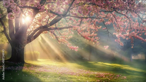 photo motion of Fantasy spring nature landscape and pink cherry blossom sakura tree animated fog mist smoke background in Japanese style.	
