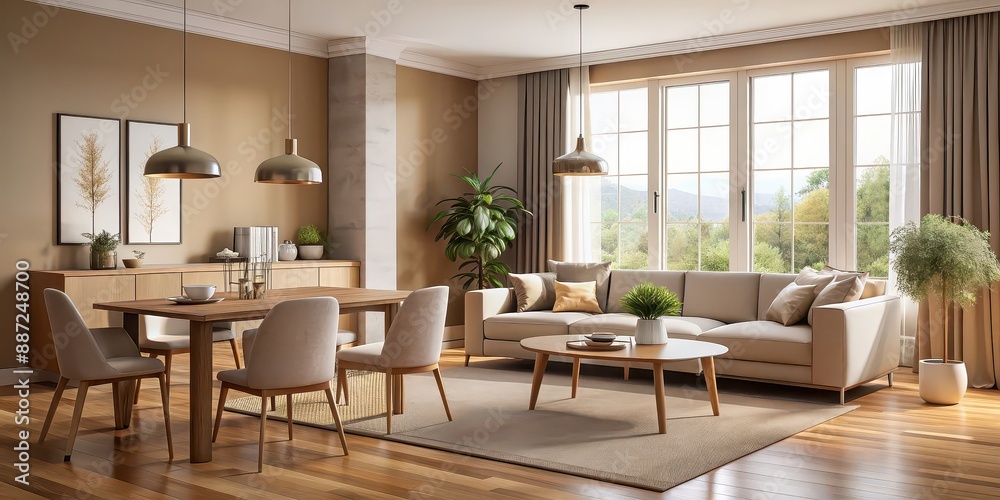 Beige living room interior with dining table, cozy seating area, and large window, beige, home, living room, interior Beige living room interior with dining table, cozy seating area, and large window, beige, home, living room, interior