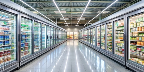 Empty supermarket aisle with freezers showcases and various products, supermarket, aisle, empty, freezers, showcases, products