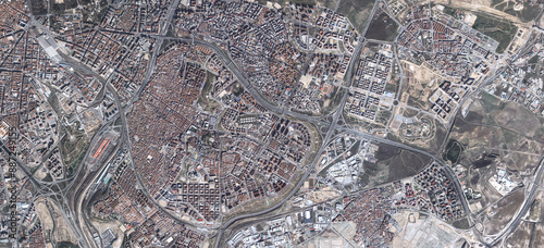 Aerial, state map and satellite view of landscape, nature and city outdoor with town pattern. Land, urban and above with houses, neighborhood and roads with commercial development from top terrain