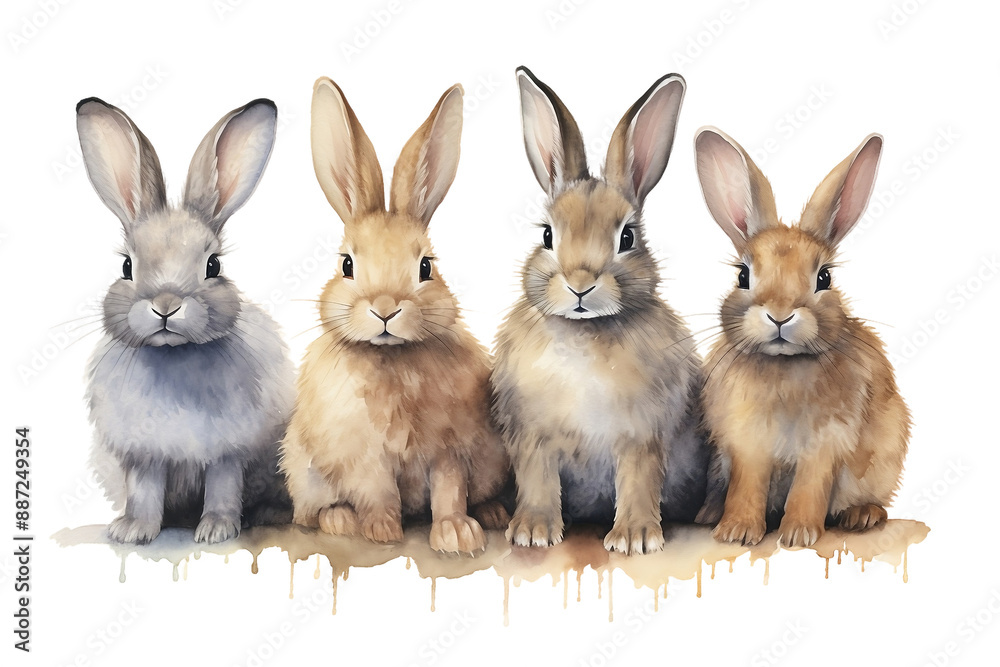 Fototapeta premium Adorable Rabbits in Watercolor On PNG Background