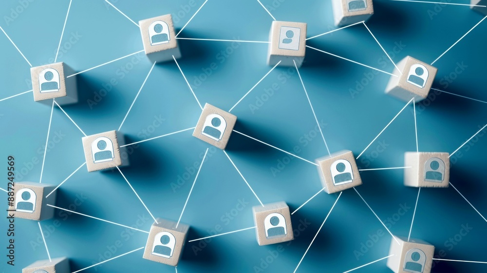 Interconnected wooden blocks on a blue background. Teamwork concept, network and community concept. Interconnected wooden blocks on a blue background. Teamwork concept, network and community concept.