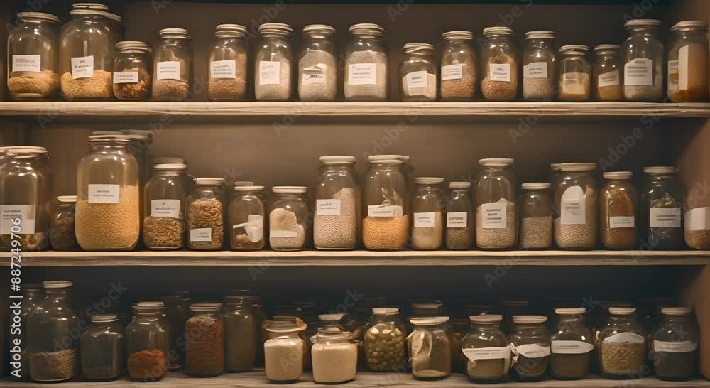 Glass jars and bottles on shelves, containing natural organic food ingredients Glass jars and bottles on shelves, containing natural organic food ingredients