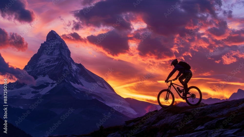 A mountain biker rides along a rocky trail, their silhouette visible against a fiery sunset sky with the iconic Matterhorn peak in the background A mountain biker rides along a rocky trail, their silhouette visible against a fiery sunset sky with the iconic Matterhorn peak in the background