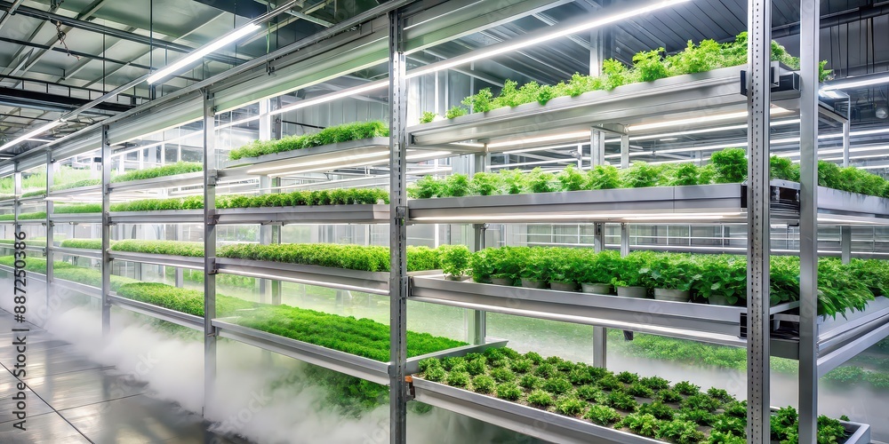 Modern vertical farming with automated misting system , agriculture, innovation, technology, indoor, greenhouse