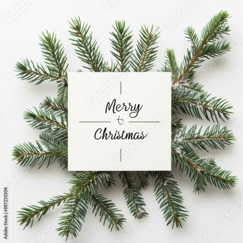 A christmas card with a pine branch and the words merry christmas. AI. photo