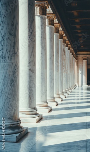 A long row of white marble pillars in a building. AI.