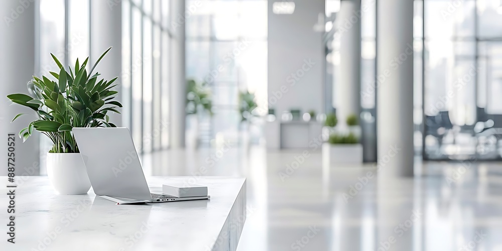 Laptop and Plant on a White Marble Desk in a Modern Office Illustration Laptop and Plant on a White Marble Desk in a Modern Office Illustration