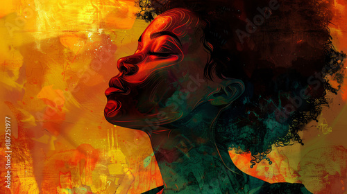 An abstract illustration of a prayerful African American teen girl, conveying a sense of spirituality and devotion. It can be used for religious or meditative purposes.