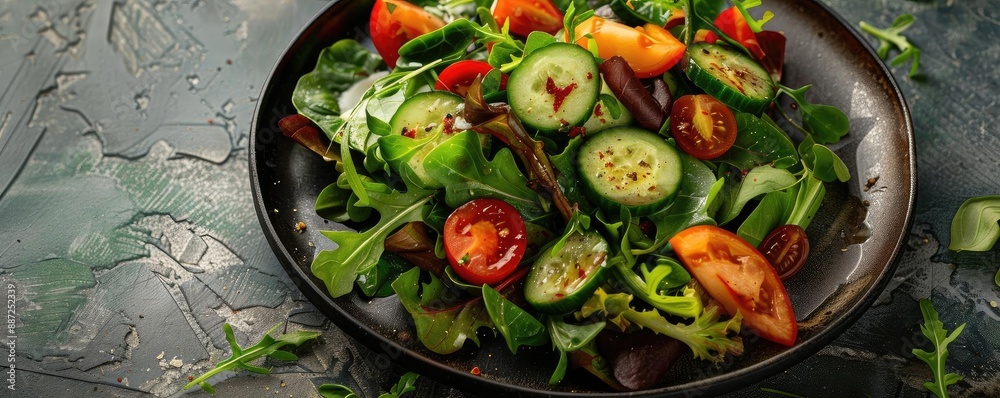 A fresh vegetable salad with cucumber, cherry tomatoes, and leafy greens on a black plate, placed on a textured green surface. A fresh vegetable salad with cucumber, cherry tomatoes, and leafy greens on a black plate, placed on a textured green surface.