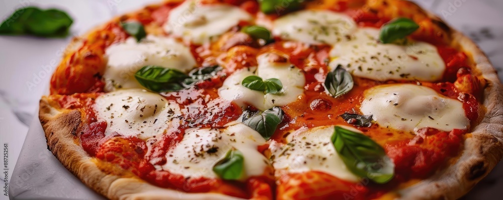 Delicious Margherita pizza topped with fresh basil and melted cheese, perfect for any Italian cuisine lover. Close-up on marble background. Delicious Margherita pizza topped with fresh basil and melted cheese, perfect for any Italian cuisine lover. Close-up on marble background.