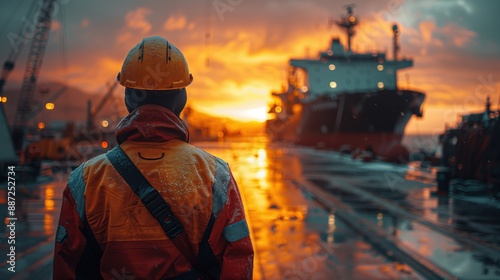 Dock Worker in Snowy Conditions. Dock worker in an orange jacket and hard hat stands on a dock in snowy conditions, observing the ship and sunset. © Old Man Stocker