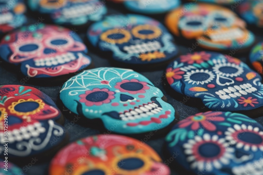 Fototapeta premium Holiday treats for Dia De Los Muertos, detailed Mexican sweets with vibrant hues and intricate designs, festive setting, cultural heritage, vintage style, high detail