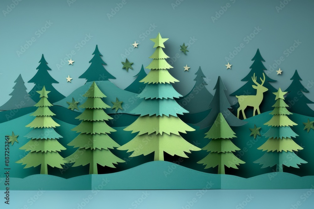 Fototapeta premium Simplistic illustration of a forest with green trees and stars in the night sky