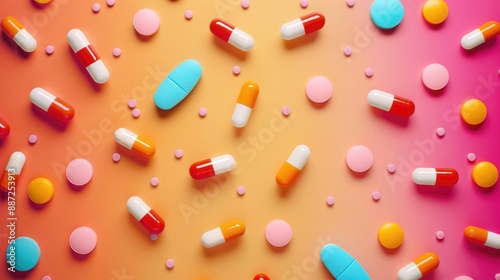 Pharmaceutical pills and capsules on colorful backdrop Space for text