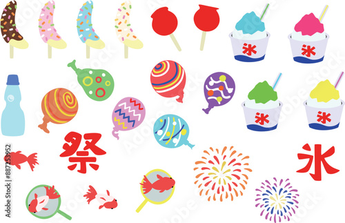 日本の夏祭り　アイコンセット　塗りのみ
