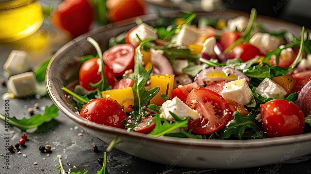 Fresh and vibrant mixed salad with cherry tomatoes, feta, and arugula on a rustic plate. Healthy and delicious meal concept. Fresh and vibrant mixed salad with cherry tomatoes, feta, and arugula on a rustic plate. Healthy and delicious meal concept.