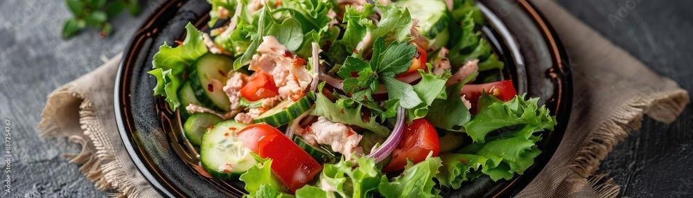 A fresh and vibrant mixed salad with lettuce, tomatoes, cucumbers, and grilled chicken. Perfect for a healthy and nutritious meal. A fresh and vibrant mixed salad with lettuce, tomatoes, cucumbers, and grilled chicken. Perfect for a healthy and nutritious meal.