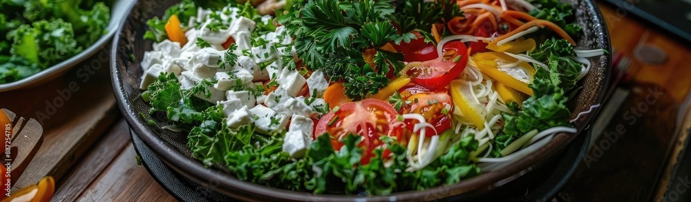 Close-up of a colorful, fresh salad being prepared with various vegetables, herbs, and greens in a bowl. Close-up of a colorful, fresh salad being prepared with various vegetables, herbs, and greens in a bowl.
