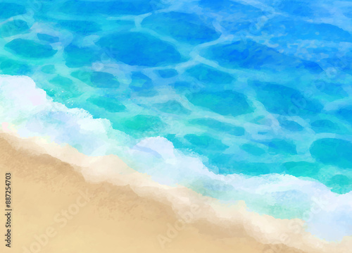 穏やかな波打ち際の水彩イラスト／Watercolor illustration of a gentle shore
