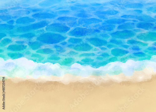 穏やかな波打ち際の水彩イラスト／Watercolor illustration of a gentle shore