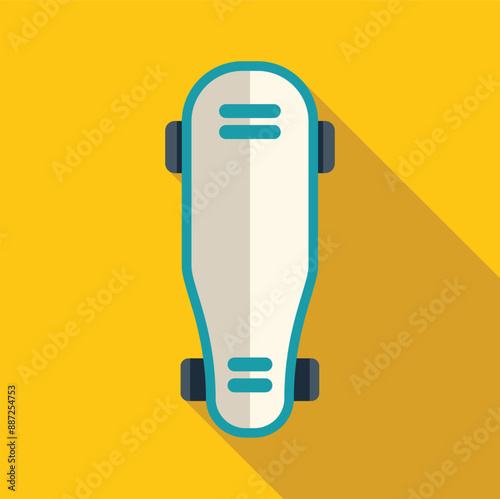 White longboard skateboard standing vertically on a yellow background, casting a long shadow