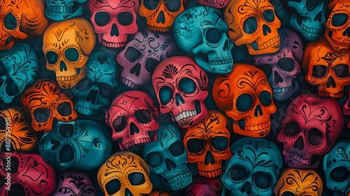 Painted skulls for Dia De Los Muertos, colorful and ornate, traditional Mexican artistry, bright and bold colors, cultural celebration, watercolor style, highly detailed