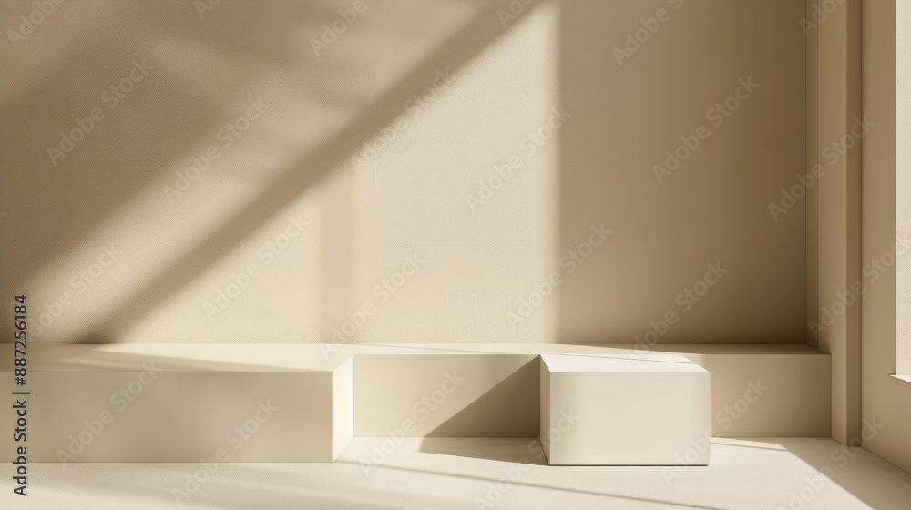 Minimal white cube podium in bright studio, for clean and simple product design Minimal white cube podium in bright studio, for clean and simple product design