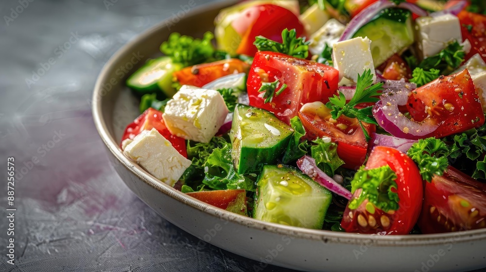 A vibrant mixed salad with fresh tomatoes, cucumbers, red onions, parsley, and feta cheese in a bowl on a textured dark surface. A vibrant mixed salad with fresh tomatoes, cucumbers, red onions, parsley, and feta cheese in a bowl on a textured dark surface.