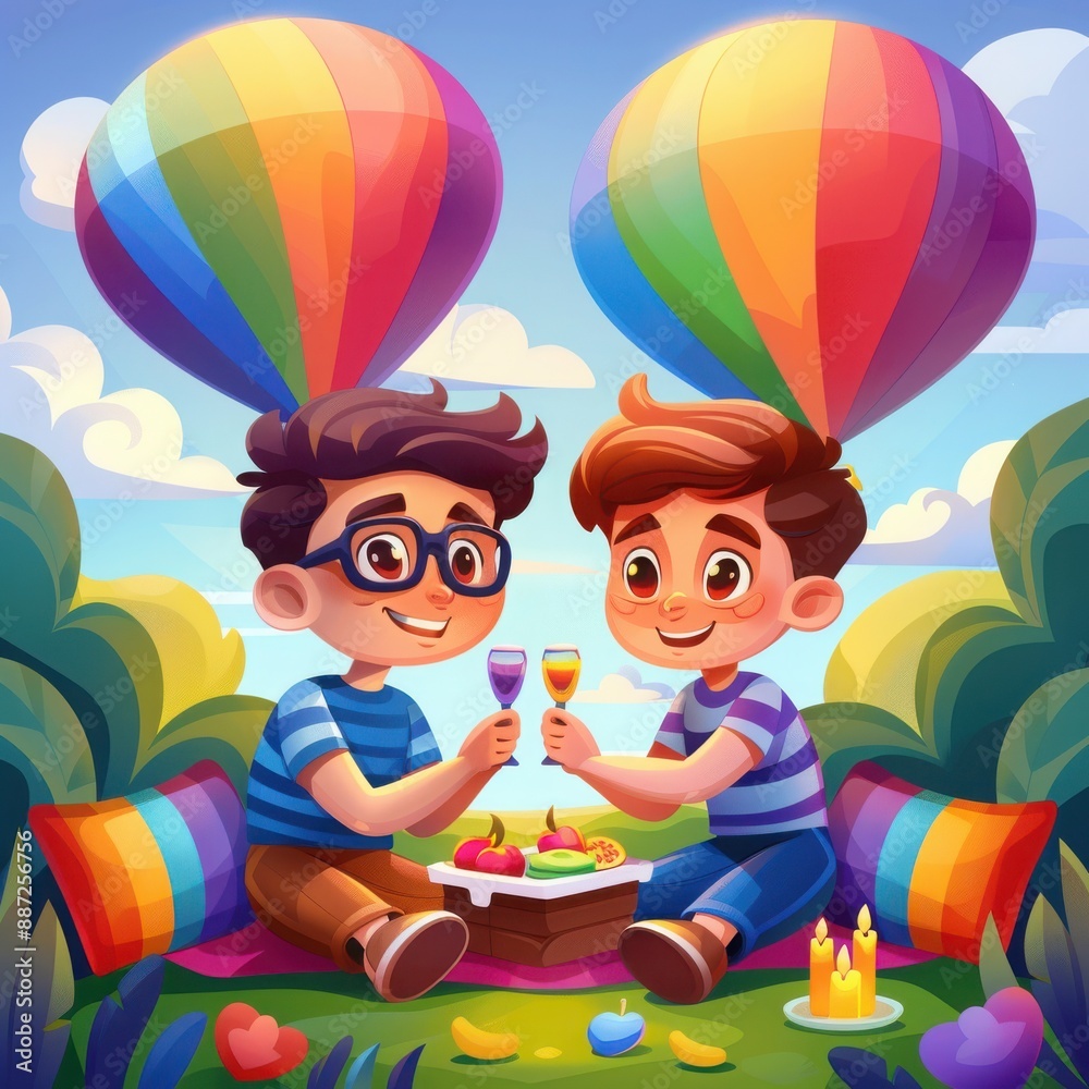 Two boys having a picnic with rainbow balloons and cake. Two boys having a picnic with rainbow balloons and cake.