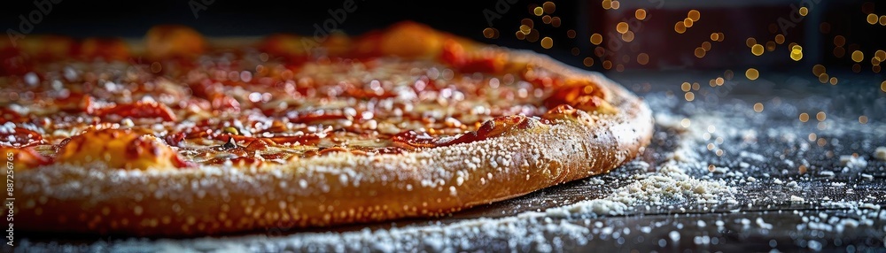 Close-up of a delicious pizza with golden crust and toppings, placed on a flour-dusted surface, giving a fresh and appetizing look. Close-up of a delicious pizza with golden crust and toppings, placed on a flour-dusted surface, giving a fresh and appetizing look.