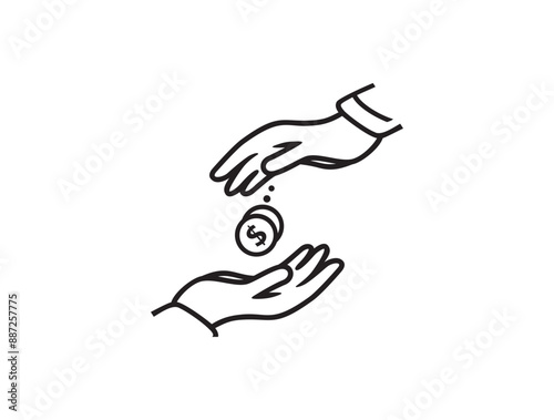 hand passes coin to the other. One hand holding coins gives it to the other. Concept of money, salary, charity, corruption, gift, bribe.