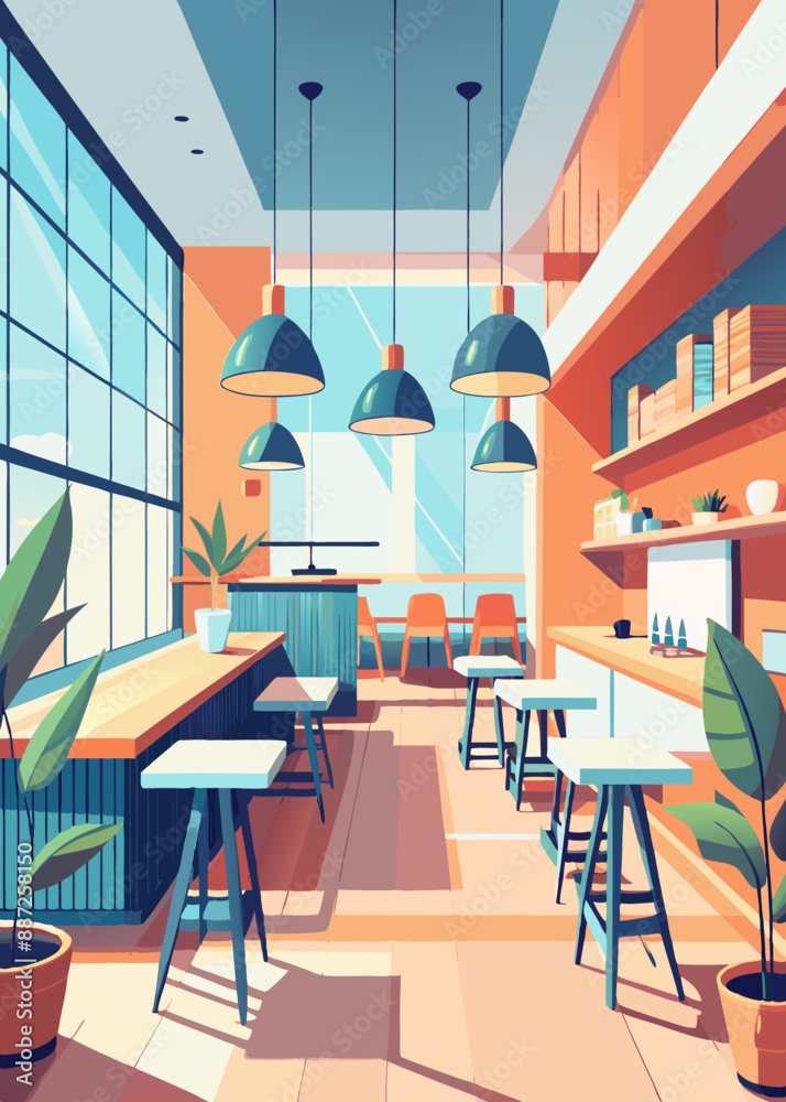 Fototapeta premium Modern cafe interior with pink and white walls, wooden floor, and stylish furniture. Minimalist design, cozy atmosphere. Concept of contemporary cafe space.