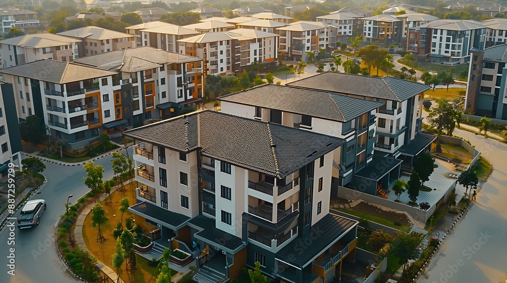 Fototapeta premium affordable housing development a residential area to provide affordable housing for low and moderateincome families composed of blocks of apartments built efficiently and economically : Generative AI