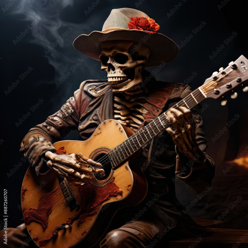 Obraz premium an ai generated image, pirate skeleton playing guitar