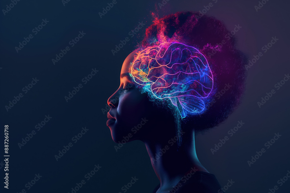 Side view of a young woman with glowing brain on dark background, banner design Side view of a young woman with glowing brain on dark background, banner design