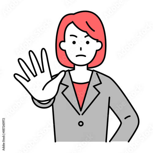 右手を前に出して拒否するスーツの女性