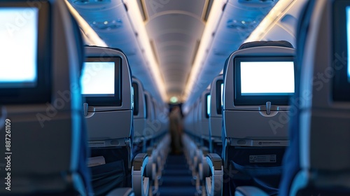 Airplane seats with blank lcd screen mockup for entertainment on a plane trip photo, no people