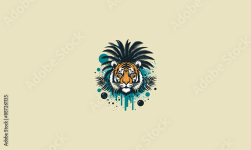 tiger with palm on beach vector logo design